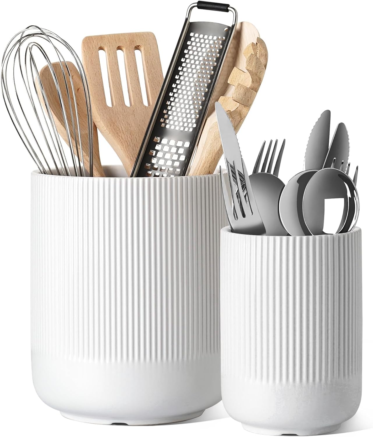 Ceramic Kitchen Utensil Holder Set, 7.3" and 5.4", Large and Modern Utensil Crocks for Countertop