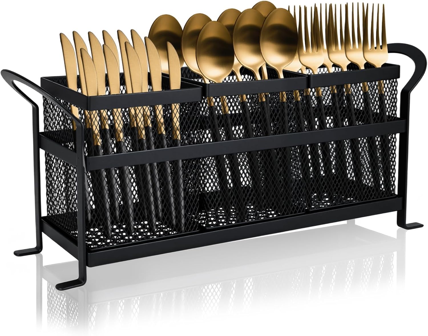 3 Compartment Kitchen Utensil Holder, Metal Mesh Silverware Caddy for Countertop Organization