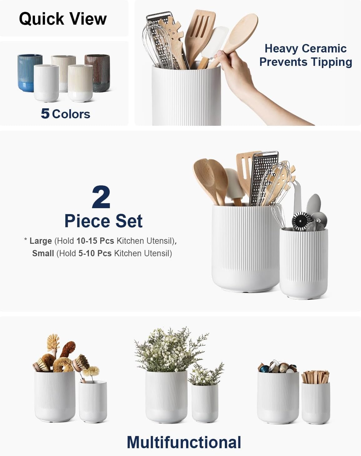 Ceramic Kitchen Utensil Holder Set, 7.3" and 5.4", Large and Modern Utensil Crocks for Countertop - Image 2