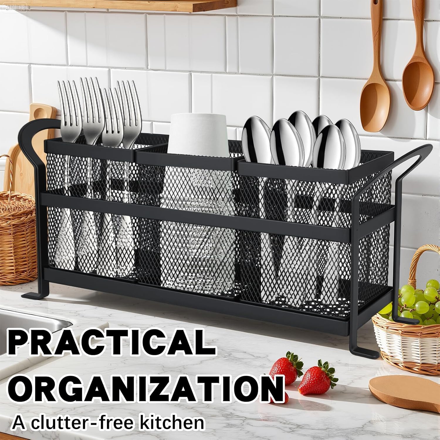 3 Compartment Kitchen Utensil Holder, Metal Mesh Silverware Caddy for Countertop Organization - Image 2