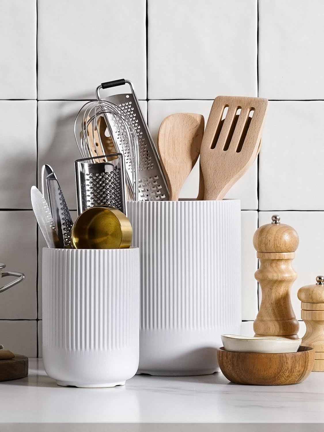 Ceramic Kitchen Utensil Holder Set, 7.3" and 5.4", Large and Modern Utensil Crocks for Countertop - Image 3