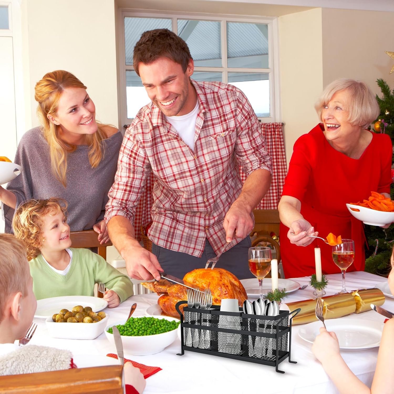 3 Compartment Kitchen Utensil Holder, Metal Mesh Silverware Caddy for Countertop Organization - Image 3