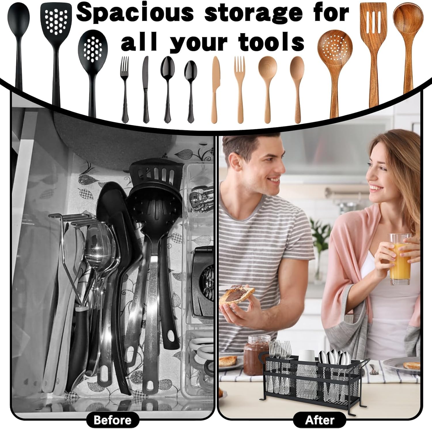 3 Compartment Kitchen Utensil Holder, Metal Mesh Silverware Caddy for Countertop Organization - Image 4