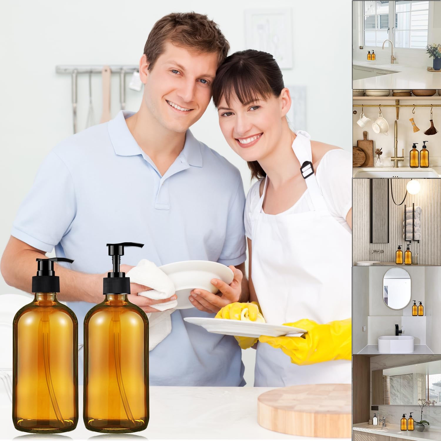 Glass Soap Dispenser 16 Oz - Empty Bottles Set with Black Pumps & Lids & Lables for Refillable Shampoo Conditioner Bathroom Shower Wash Hand Body Lotion Soap Dish Kitchen Container Brown - Image 4