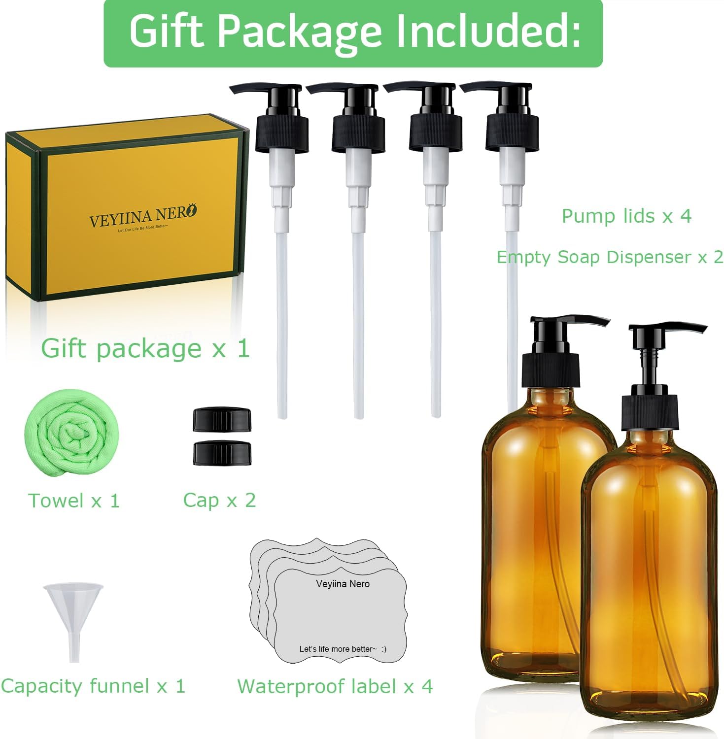 Glass Soap Dispenser 16 Oz - Empty Bottles Set with Black Pumps & Lids & Lables for Refillable Shampoo Conditioner Bathroom Shower Wash Hand Body Lotion Soap Dish Kitchen Container Brown - Image 5