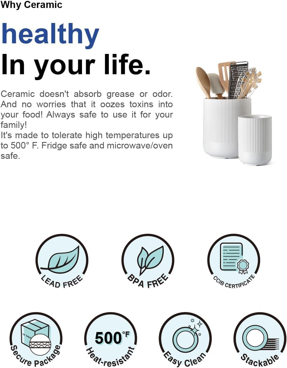 Ceramic Kitchen Utensil Holder Set, 7.3" and 5.4", Large and Modern Utensil Crocks for Countertop - Image 7