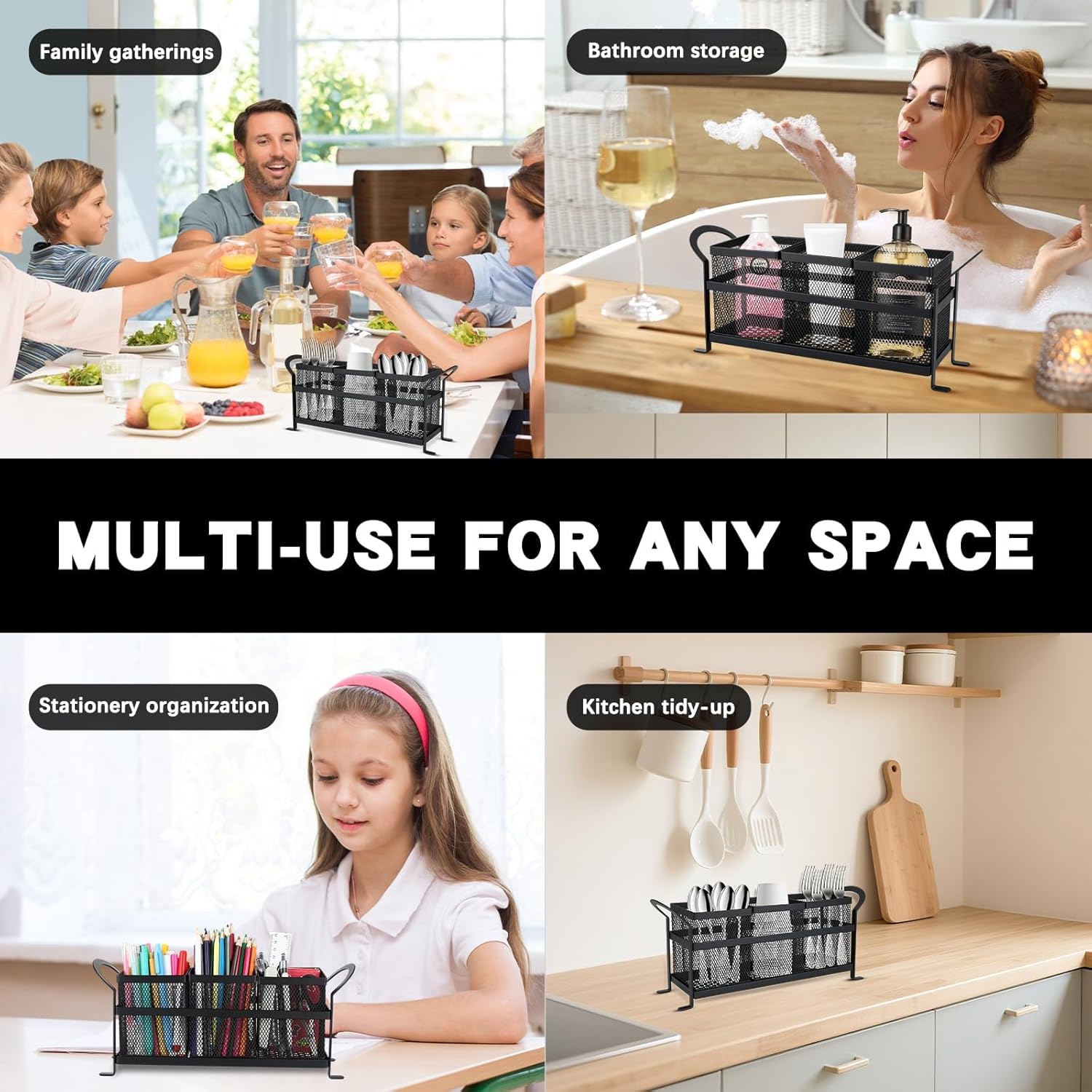 3 Compartment Kitchen Utensil Holder, Metal Mesh Silverware Caddy for Countertop Organization - Image 6